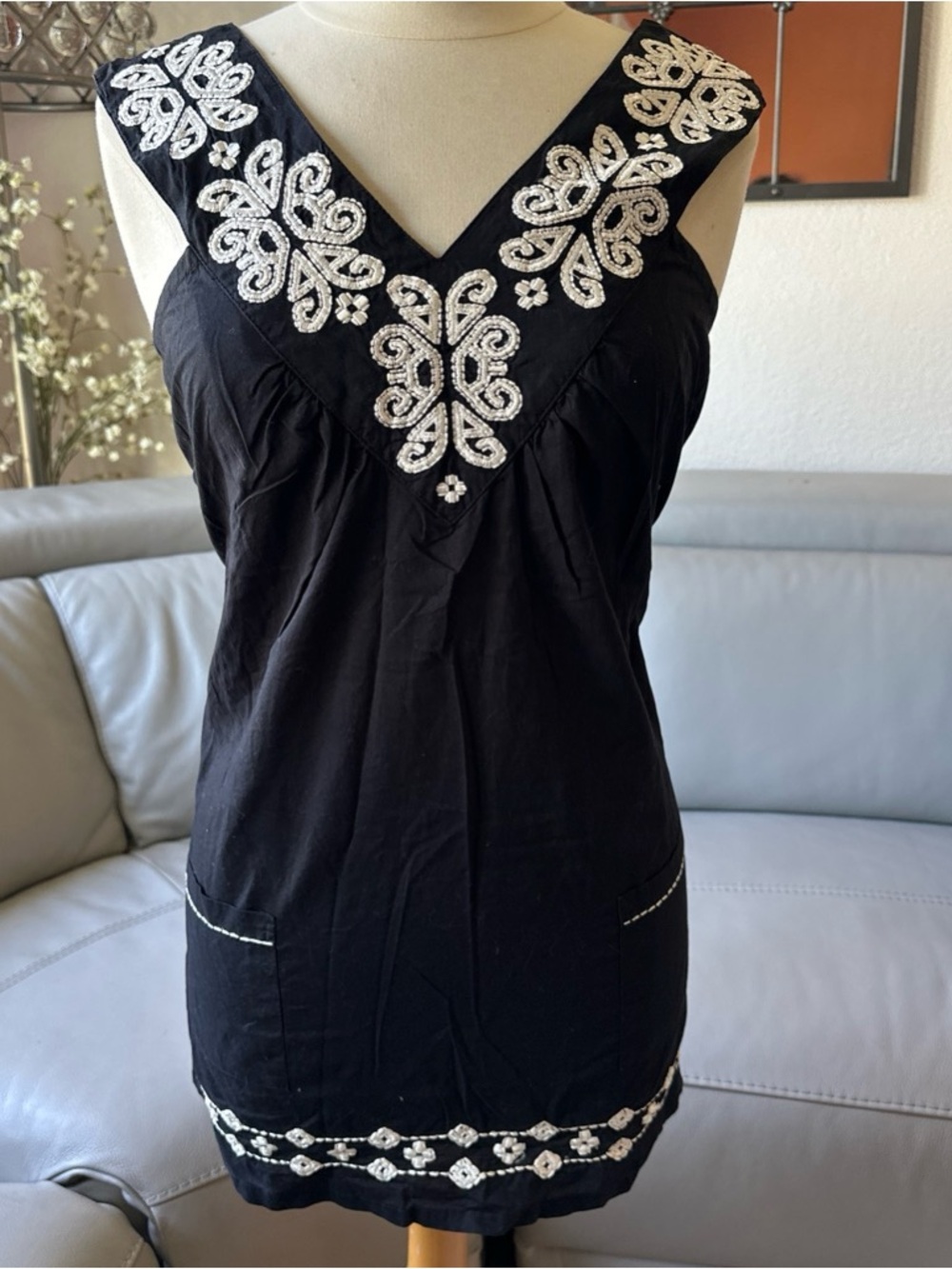Embroidered V-Neck Black mini dress  with off white floral embroidery